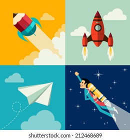 Start up, Flat logo Design Vector rocket Illustration Web Concept of New Business Project Growth and Development and Launch a Innovation to success. Logotype icon set. Easy editable for Your design.