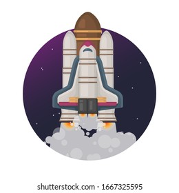 Empieza. Cohetes voladores alrededor de la galaxia. Ilustración plana del cohete. Vector.