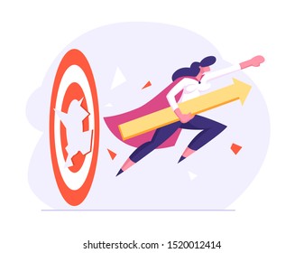 Start Up, Investments Growth and Working Success. Businesswoman in Super Hero Cloak with Arrow in Hand Breaking Huge Target Hitting Barrier for Career Goal Achievement. Flat Vector Illustration