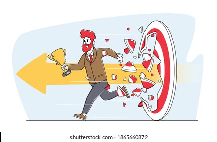 Start Up, Investments Growth and Working Success. Businessman with Golden Goblet in Hand Breaking Huge Target with Arrow. Character Hit Barrier for Career Goal Achievement. Linear Vector Illustration