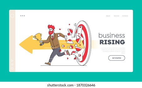 Start Up, Investments Growth and Working Success Landing Page Template. Businessman with Goblet Breaking Huge Target with Arrow. Character Hit Barrier for Goal Achievement. Linear Vector Illustration