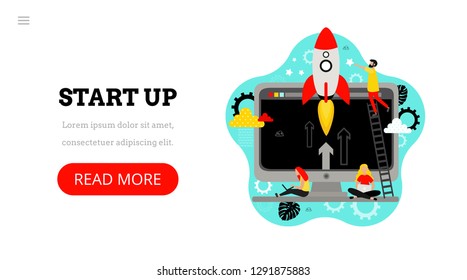 Start up. Landing page template. Modern flat concept for web design. Flat vector illustration with desktop computer, rocket, people and clouds.