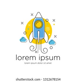 Start Up. Line flat design vector illustration concept of new business project, development and launch a innovation product on a market