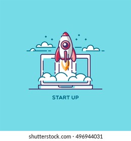  Empieza. Diseño plano de línea concepto de ilustración vectorial de nuevo proyecto de negocio, desarrollo y lanzamiento de un producto de innovación en un mercado.
