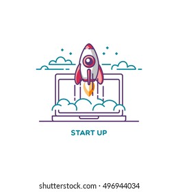 Start Up. Line flat design vector illustration concept of new business project, development and launch a innovation product on a market.