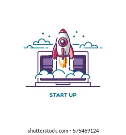 Start Up. Line flat design vector illustration concept of new business project, development and launch a innovation product on a market.