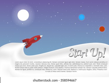 Start Up! Project Start Up. Night Sky. Travel. Space. Achievement And Exploring. Space Rocket Launch. Vector Illustration