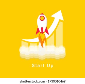 Start Up. Rocket launch on a yellow background. Startup business or your project. Vector flat design.