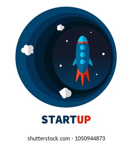 Start up. Rocket launch, ship. Vector illustration concept of business product on a market. Income and success. Business infographics. Icons and illustrations for design, website, infographic.