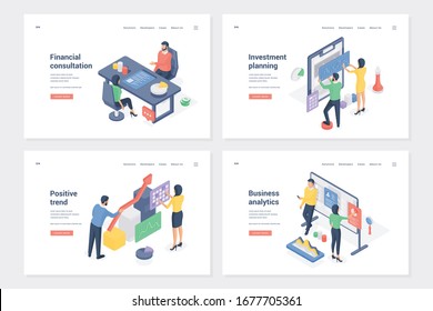 Iniciar, configurar las plantillas de página de inicio isométricas de las etapas empresariales. Consulta financiera, planificación de inversiones, tendencia positiva, análisis de negocios. Personajes de dibujos animados de empresarios