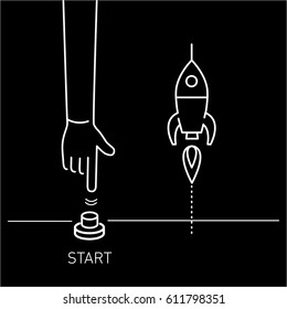 Start up. Vector business illustration of hand pushing start button and rocket | modern flat design linear concept icon and infographic white on black background
