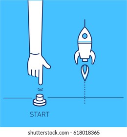  Empieza. Ilustración empresarial vectorial del botón de empuje manual y del cohete| moderno diseño plano concepto lineal icono e infografía sobre fondo azul