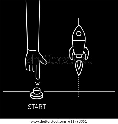 Start up. Vector business illustration of hand pushing start button and rocket | modern flat design linear concept icon and infographic white on black background