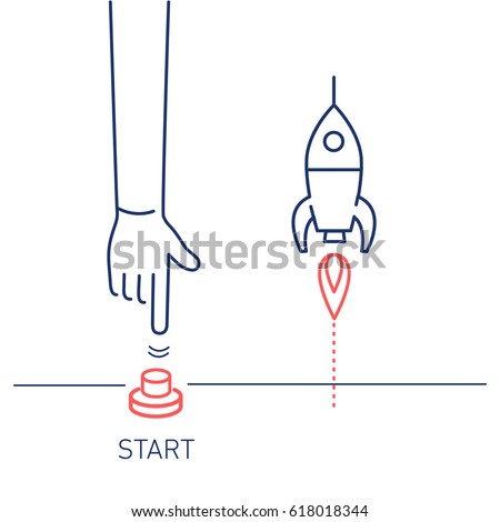 Start up. Vector business illustration of hand pushing start button and rocket | modern flat design linear concept icon and infographic red and blue on white background