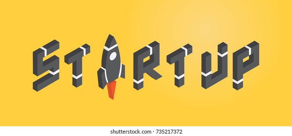 START UP. Vector Concept with rocket in isometric style.