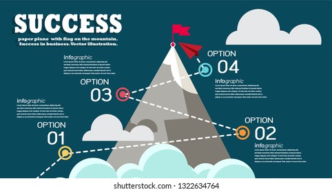 START UPPROJECTpaper plane  with flag on the mountain. 
Success in business. Vector illustration.SUCCESS