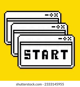 Comenzar. Interfaz de usuario en estilo de arte retro-pixel. Ilustración vectorial. Elemento de equipo de escritorio.