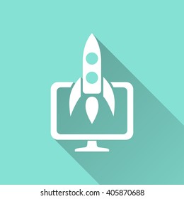 Start up   vector icon with long shadow. White illustration isolated on green background for graphic and web design.  