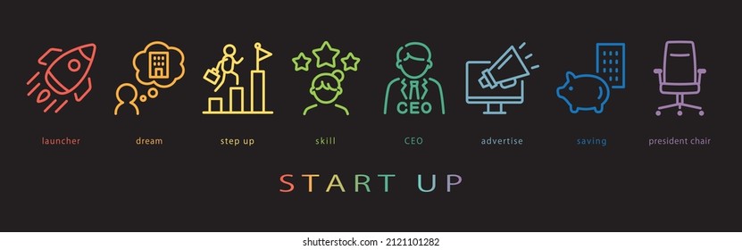 Start up vector icon set. neon color on black background.