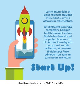 Start up vector illustration concept for new business project or service. Smartphone in hand with space rocket. Cellphone in hand with spaceship. Template for your design.