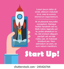 Start up vector illustration concept for new business project or service. Smartphone in hand with space rocket. Cellphone in hand with spaceship. Template for your design.