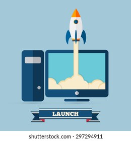 Start up  - Vector illustration concept of new business project startup development and launch a new innovation product on a market. Flat modern design.