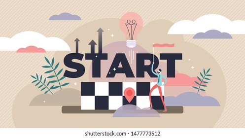 Start vector illustration. Flat tiny startup idea beginning persons concept. Abstract business or innovation development. Growth, up direction and progress visualization and company progress strategy.