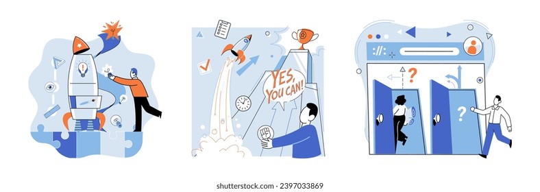 Start up vector illustration. Starting new project requires careful planning and strategic thinking Coming up with unique idea is first step towards successful start up Developing solid strategy