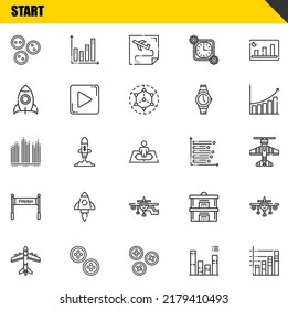 start vector line icons set. buttons, airplane and bar chart Icons. Thin line design. Modern outline graphic elements, simple stroke symbols stock illustration