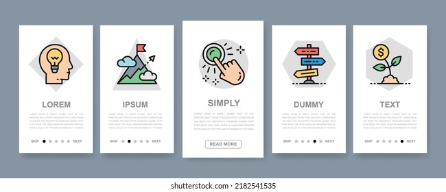 Iniciar el juego de banners verticales. Iconos planos de línea delgada modernos para el menú del sitio web. Gestión del tiempo, generación de ideas, presentación de pantallas móviles.