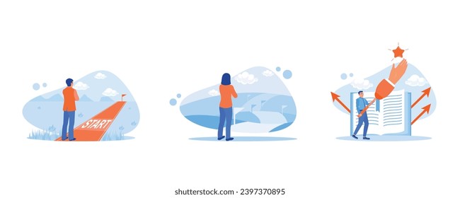 Start walking towards success. Businessman standing at the beginning of the road. Trying to reach the stars. Career Development Concept. set trend modern vector flat illustration