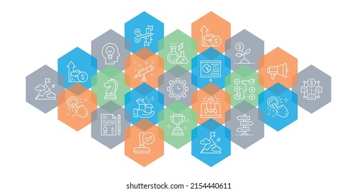 Starten Sie den Banner der Webseite. Zeitmanagement, Ideenerstellung, Vorstellungslinie-Ikonen-Konzept einzeln auf weißem Hintergrund.