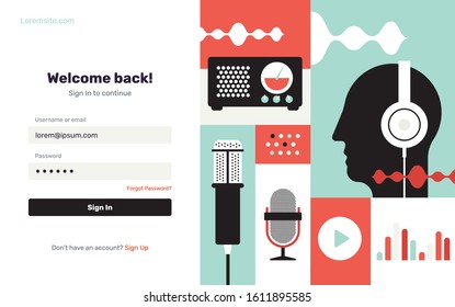 Start web page. Login page. UI, UX web elements. Podcast radio icon illustration set. Studio table microphone with broadcast text on air. Webcast audio record concept logo.