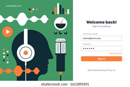 Start web page. Login page. UI, UX web elements. Podcast radio icon illustration set. Studio table microphone with broadcast text on air. Webcast audio record concept logo.