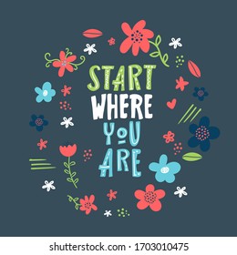 start where you are . Motivational saying for posters and cards. Positive slogan for office and gym. handmade lettering on white background. isolated on white