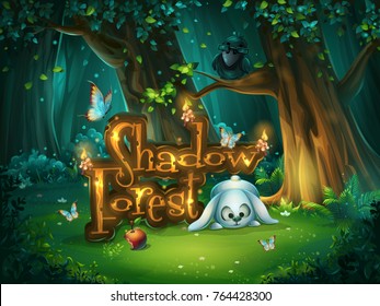 Start window for game user interface. Vector illustration screen to the computer game Shadowy forest GUI. Background image to create buttons, banners, graphics.