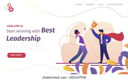 Start Winning with Best Leadership Horizontal Banner. Man in Superhero Red Cloak Holding Gold Goblet in Hand Demonstrate to Colleague. Businessman Super Hero Success. Cartoon Flat Vector Illustration