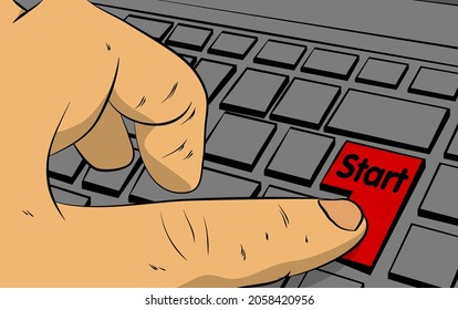 Start word on computer keyboard. Man push keypad on laptop. Comic book style concept.