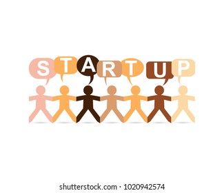 Start up word in speech bubbles with cut out paper people chain in different skin tone colors