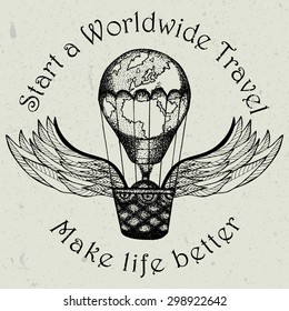 Start a worldwide travel label with dotwork air balloon and wings, logo, t-shirt design