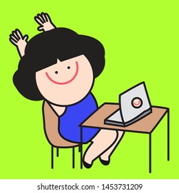 Start Up Young Woman Celebrate Hands Up Joy Of Accomplishing Successful Goal Activities With Happy Smile And Positive Emotion Expression On Desk Computers In Office Concept Card Character illustration