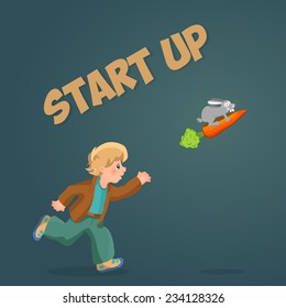 Start up your business, boy launches into the sky rabbit, vector