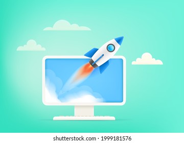 Start up your business concept. Begin business vector illustration with rocket and computer