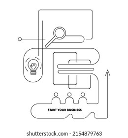 start your business. Minimalistic linear poster of the origin of your own business, motivation to start something of your own and stop working for someone else. Business idea search map