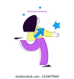 start your business. Minimalistic linear poster of the origin of your own business, motivation to start something of your own and stop working for someone else. girl holding the beginning of growth