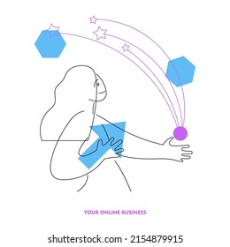 start your business. Minimalistic linear poster of the origin of your own business, motivation to start something of your own and stop working for someone else. girl holding the beginning of growth