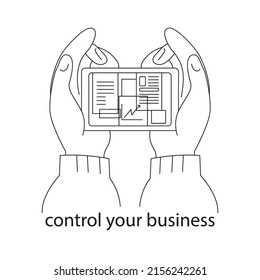 start your business. Minimalistic linear poster about starting your own business, motivation to start something of your own and stop working for someone else. Hand holding a business plan on the phone