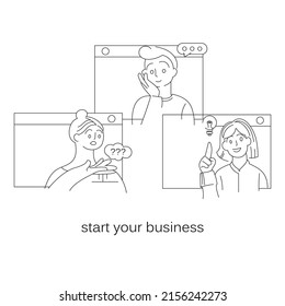 start your business. Minimalistic linear poster about starting your own business and stop working for someone else. Online conference with friends to start your own business