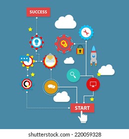 Start of your business or project. Flat vector illustration with different icons clouds and elements on blue background