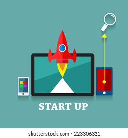 Start up of your business project. Flat illustration with rocket and different elements